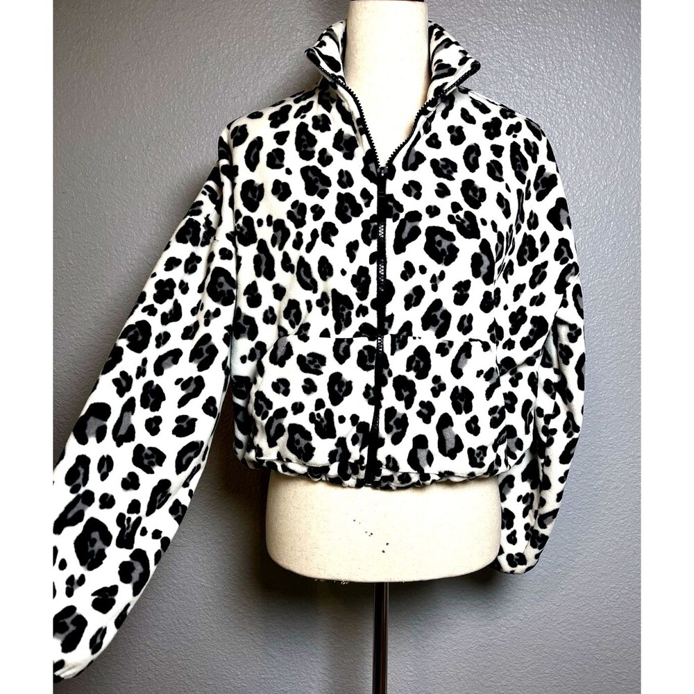 Fabletics snow leopard zippered drawstring oversized womens jacket Small Y2K